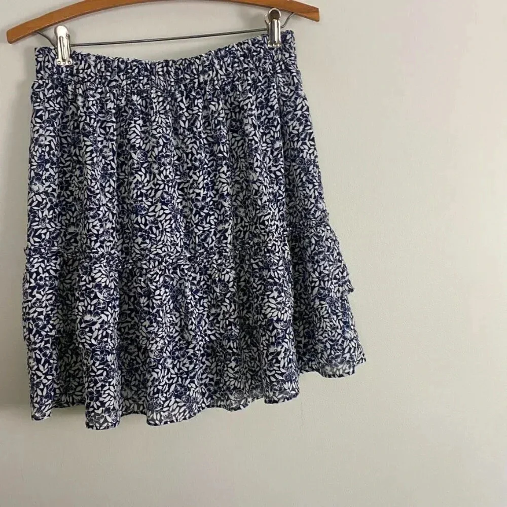 J. Crew Navy and White Floral Ruffle Mini Skirt